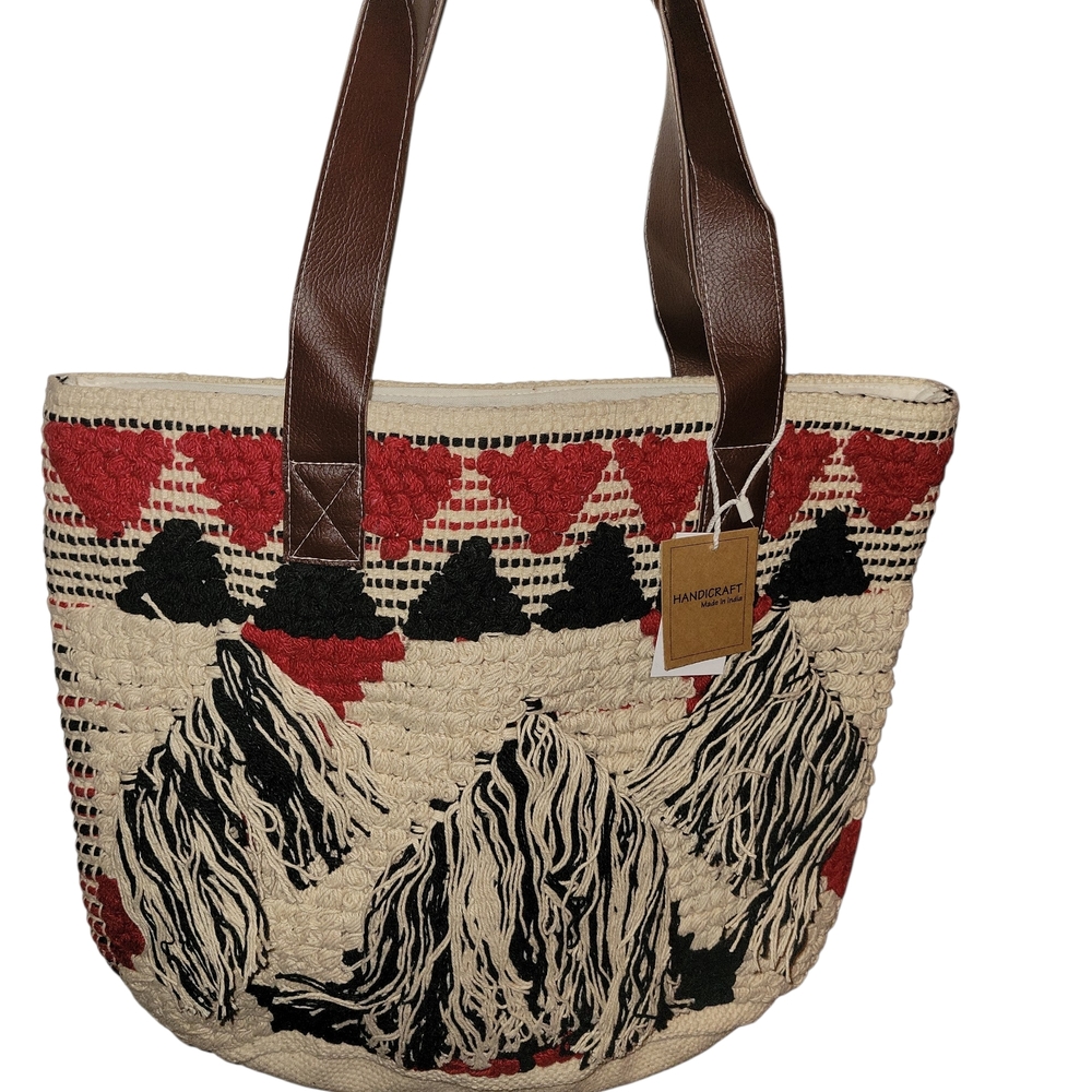 Red Cotton Jacquard Hand Crafted Tite Wuth Tassels.